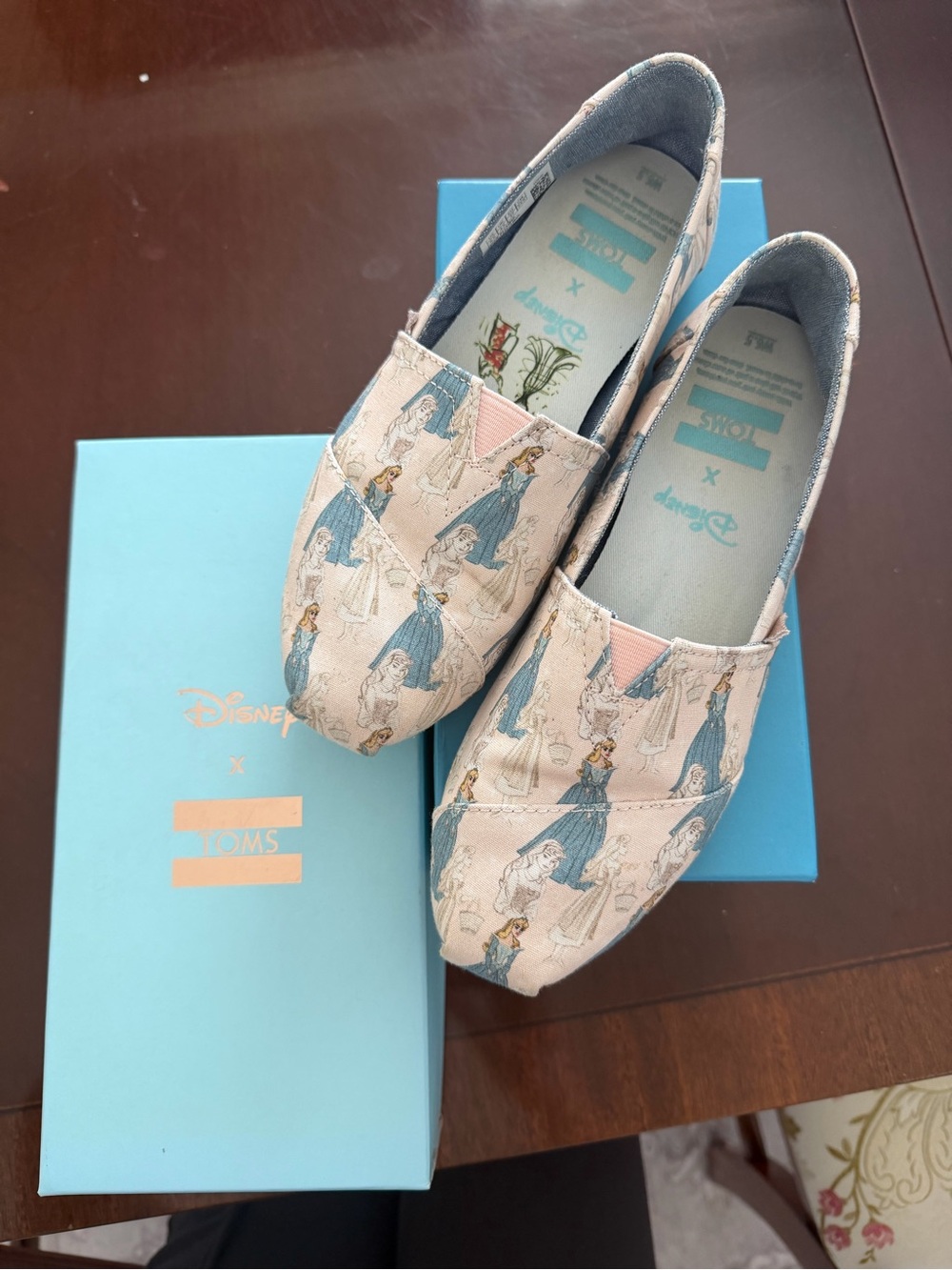 Toms x Disney Sleeping Beauty Print Women's Slip-On Shoes in Pink and Blue